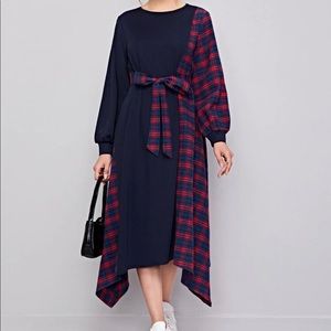 Tartan Panel Plaid Belted Hanky Hem Dress - Size 12